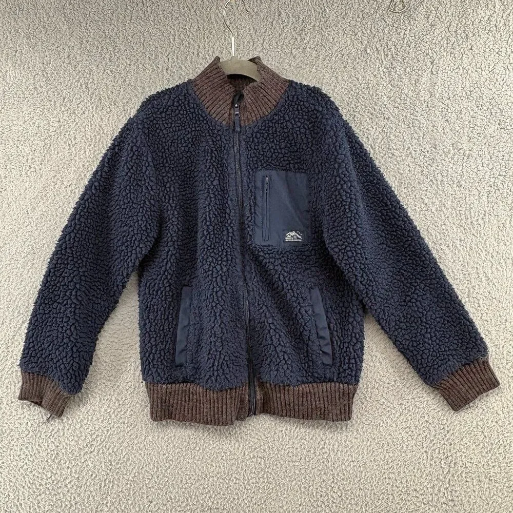Zara Boys Sherpa Bomber Jacket size 8 navy blue brown trim